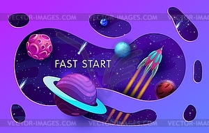 Paper cut space landscape, rocket flying in galaxy - stock vector clipart