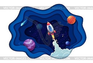 Space paper cut galaxy planets and rocket launch - royalty-free vector image
