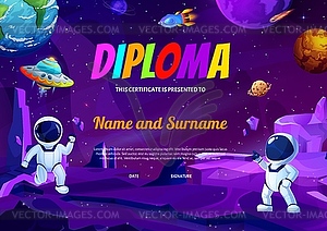 Kids diploma cartoon space landscape, astronauts - vector image