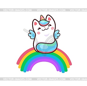 Мультяшный милый персонаж kawaii caticorn на радуге - клипарт в векторе
