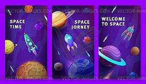 Мультяшные космические плакаты, звездолеты в звездной галактике - изображение в векторном виде