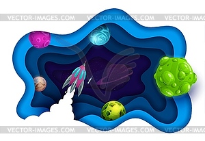 Вырезка из космической бумаги, запуск ракеты и планеты галактики - изображение в векторе