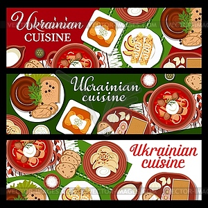 Ukrainian cuisine meals banners, traditional food - vector clipart