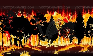 Forest fire, burning trees and grass background - vector clip art