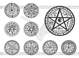 Circle magic pentagram sketch, old occult seal - vector image