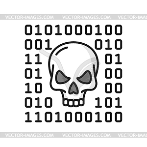 Skull and binary system, cyber attack line icon - vector clipart