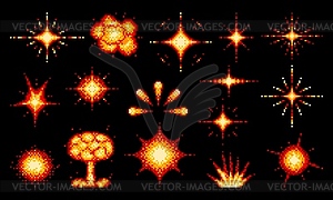 Atomic bomb, dynamite fire blast pixel explosions - vector image