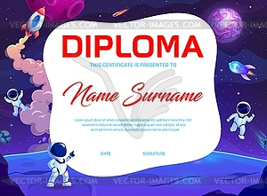 Kids diploma cartoon astronauts on moon surface - vector clipart
