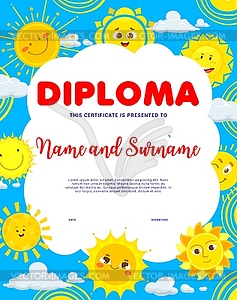 Kids diploma with funny sun cartoon characters - vector clipart