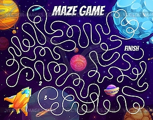 Space labyrinth maze with spaceship and planets - vector clip art
