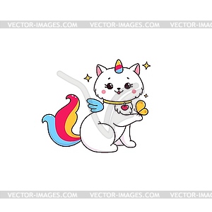 Cartoon cute caticorn playing with butterfly - vector image