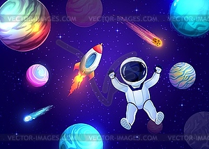 Cartoon astronaut in outer space, galaxy landscape - royalty-free vector image