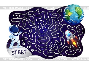 Labyrinth maze cartoon astronaut and space rocket - vector clip art
