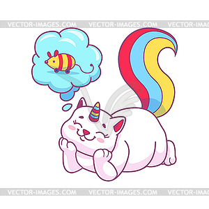 Cartoon caticorn character dreaming about mouse - royalty-free vector image