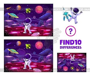 Find ten differences cartoon astronaut on planet - vector clip art