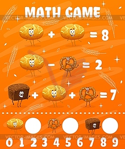 Math game with cartoon bakery bread characters - vector image