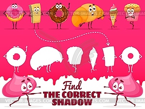 Find correct shadow of cartoon bakery, sweets - vector clipart