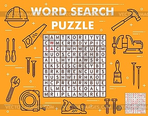 Construction, DIY and repair tool word search game - vector clipart