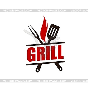 Grill bar icon with barbeque, grilling tools - vector clipart