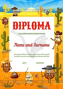 Kids diploma cartoon wild west nut cowboy, bandit - vector clipart