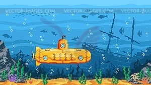 Пиксельная игра подводная лодка, подводный пейзаж - векторная иллюстрация