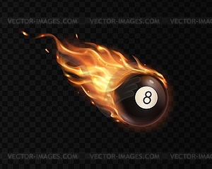 Flying billiards eight ball with fire flame trails - vector image