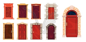 Front doors with stone doorway, house doorways set - vector clipart