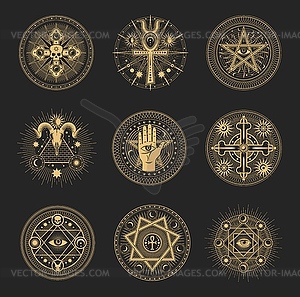 Mason signs, occult and esoteric pentagram symbols - vector image