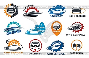 Car repair and wash service, charging station icon - vector image