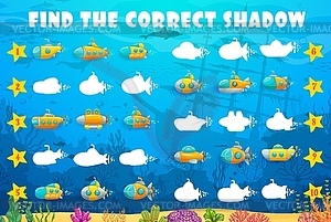 Find correct shadow of yellow submarine game - vector clipart