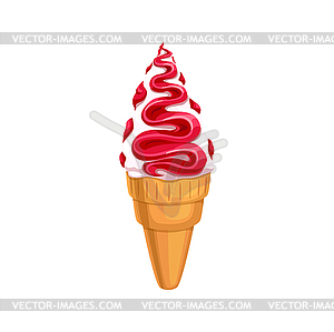 Cartoon ice cream cone with cherry fruit sauce - vector image