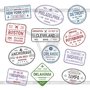 USA cities travel passport, airport ink stamps - vector clipart