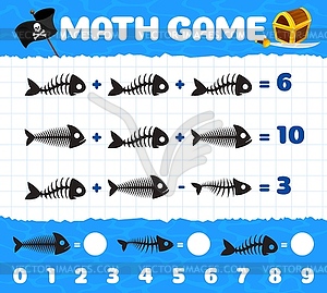 Pirates, fish bone skeletons math game worksheet - vector image