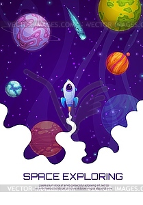 Landing page, rocket launch and space planets - vector image