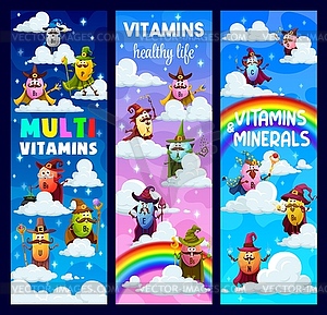 Cartoon vitamin mage characters on clouds banners - vector image