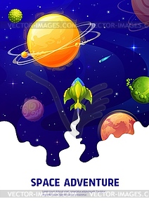 Space adventure poster, cartoon starship in galaxy - vector EPS clipart
