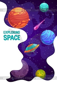 Space exploring poster with ufo, stars and planets - vector image