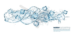 Blue water wave splash, ice crystal cubes, blocks - vector image