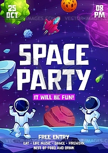 Kids space party flyer, cartoon astronauts, planet - vector clip art