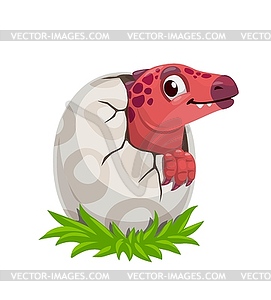 Cartoon dinosaur in egg shell, cute dino character - vector image