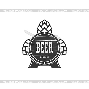 Значок пивной пивоварни в виде деревянной бочки и хмеля - векторизованное изображение