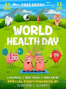World health day flyer, cartoon funny human organs - vector clip art