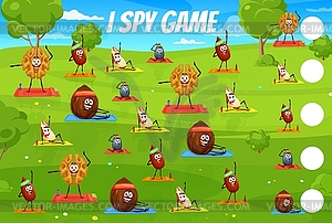 I spy game cartoon nuts characters on morning yoga - vector image