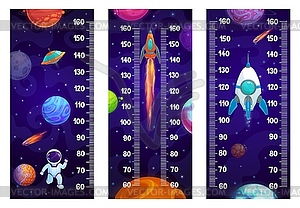 Линейка для определения роста детей, космические планеты, астронавт - векторное изображение EPS