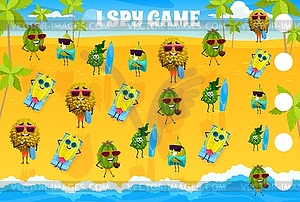 I spy game worksheet cartoon fruits relax on beach - vector clipart