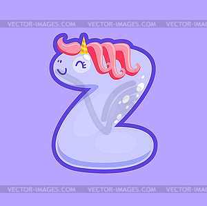 Z letter unicorn font ABC, cute character in wig - vector image