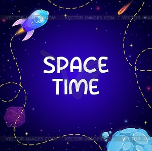Cartoon space background with rocket and stars - vector clipart