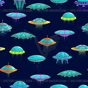 Cartoon ufo and spacecrafts seamless pattern - vector clipart