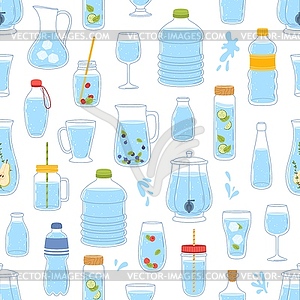 Бесшовный узор, стеклянные и пластиковые бутылки для воды - клипарт в векторе / векторное изображение