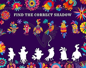 Find correct shadow of parrots kids game - vector image